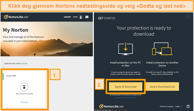 Skjermbilder av Norton Secure VPNs My Norton og nedlastingssider.