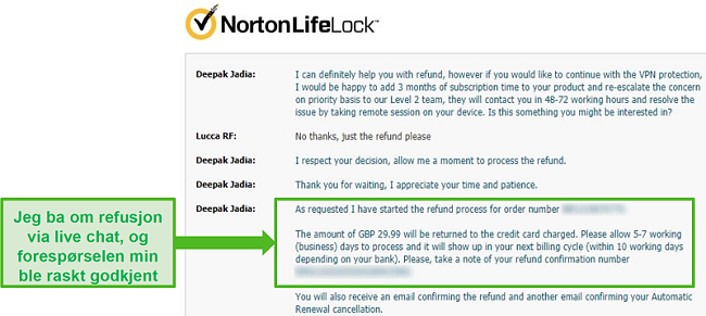 Skjermbilde av å be om tilbakebetaling gjennom Norton Secure VPNs 24/7 live chat