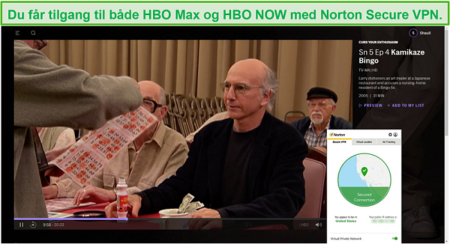 Skjermbilde av Norton Secure VPN som fjerner blokkering av HBO Max og streaming Curb Your Enthusiasm.