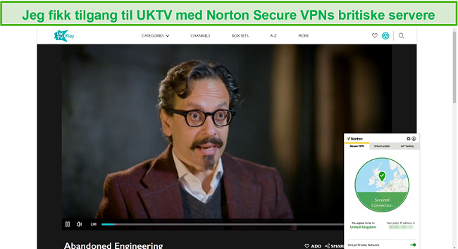 Skjermbilde av Norton Secure VPN som blokkerer UKTV og streamer Abandoned Engineering.