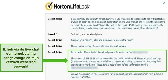 Screenshot van het aanvragen van restitutie via de 24/7 live chat van Norton Secure VPN