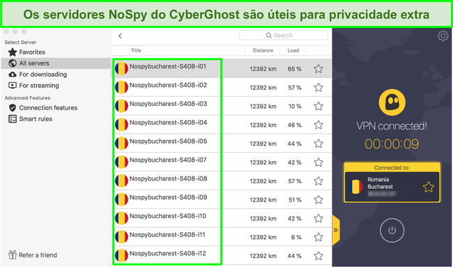Screenshot Interface VPN CyberGhost mostrando seus servidores NoSpy