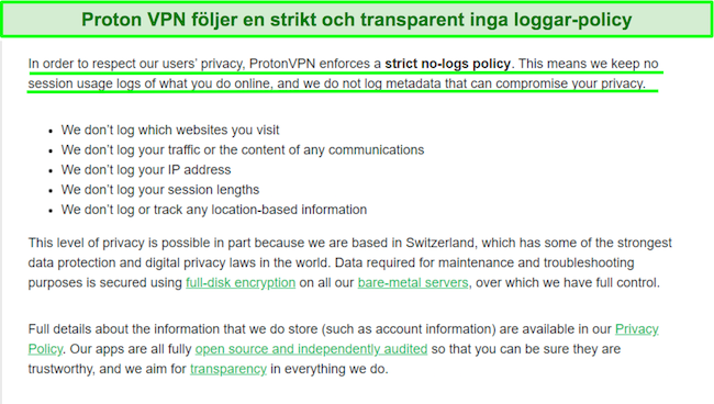 Skärmdump av ett sekretessmeddelande från Proton VPN om dess loggningsmetoder
