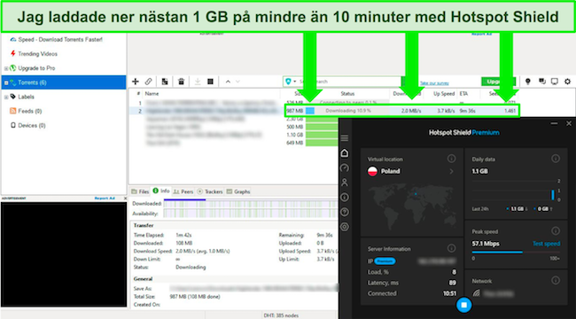 Hotspot Shields betalplan erbjöd mycket bättre hastigheter för torrenting än gratisalternativet