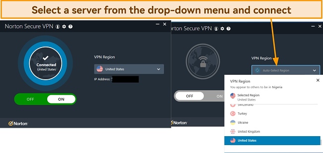Screenshot of Norton Secure VPN app interface