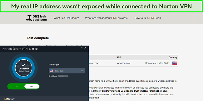 Screenshot of Norton VPN passing my DNS leak tests