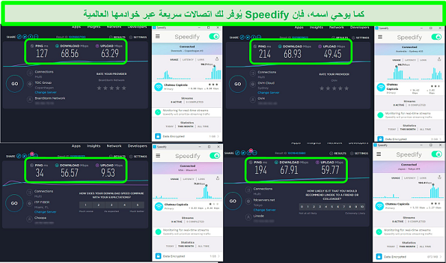 لقطة شاشة لاختبارات السرعة أثناء اتصال Speedify بخوادم في الدنمارك وأستراليا والولايات المتحدة واليابان