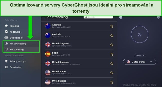 Obrázek aplikace CyberGhost pro Mac, zobrazující optimalizované servery pro streamování a umístění nabídek optimalizovaného serveru.