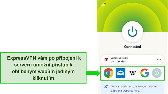 Snímek obrazovky aplikace ExpressVPN připojené k britskému serveru, který ukazuje možnosti zkratek.