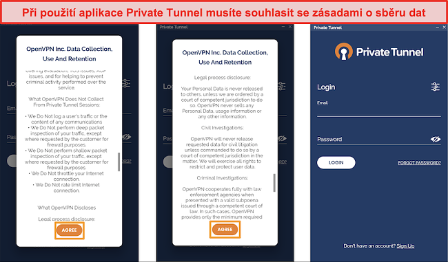 Screenshot aplikace Privátní tunel, která obsahuje zásady shromažďování, používání a uchovávání údajů