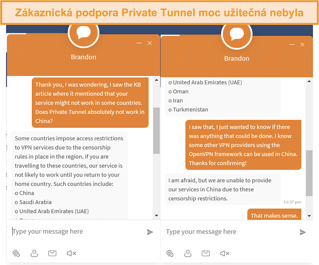 Screenshot zákaznické služby živého chatu Private Tunnel o tom, zda jejich služba funguje nebo nefunguje v Číně.