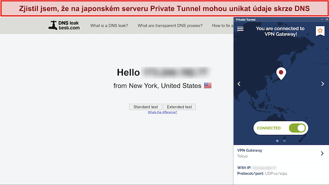 Screenshot z DNSleaktest.com ukazující připojení z New Yorku, přestože je připojen k serveru v Japonsku.