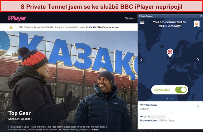 Screenshot z blokování soukromého tunelu BBC iPlayer