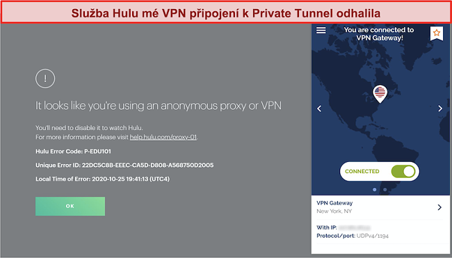 Screenshot obrazovky Hulu blokující připojení privátního tunelu VPN