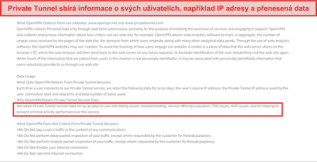 Screenshot z politiky shromažďování, uchovávání a používání dat soukromého tunelu.
