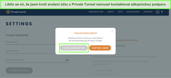 Screenshot procesu zrušení předplatného Private Tunnel.