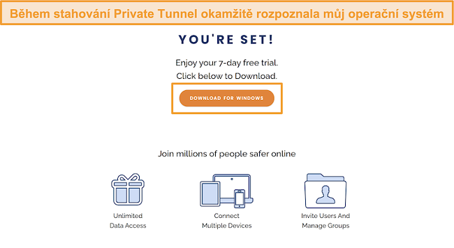 Screenshot obrazovky se stažením aplikace Private Tunnel