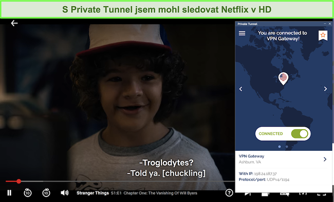 snímek obrazovky Netflixu, který hraje Stranger Things při připojení k serveru VA