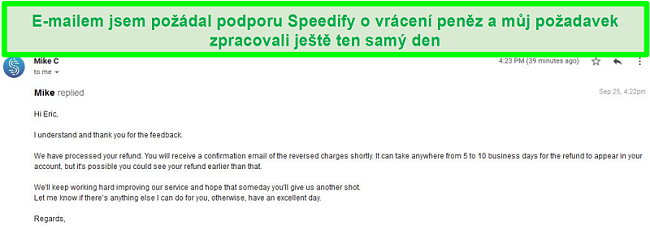 Screenshot z e-mailu od podpory Speedify zpracovávajícího žádost o vrácení peněz