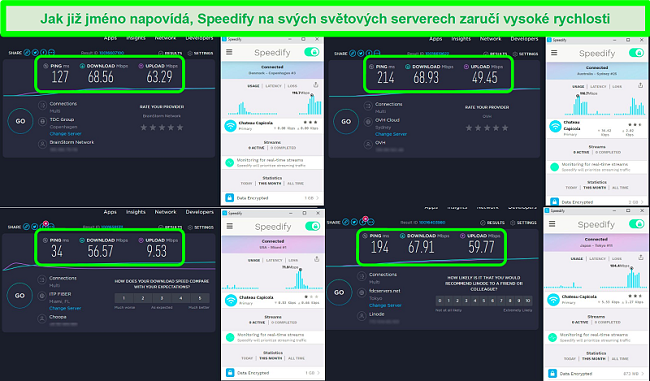 Screenshot z testů rychlosti, zatímco Speedify je připojen k serverům v Dánsku, Austrálii, USA a Japonsku