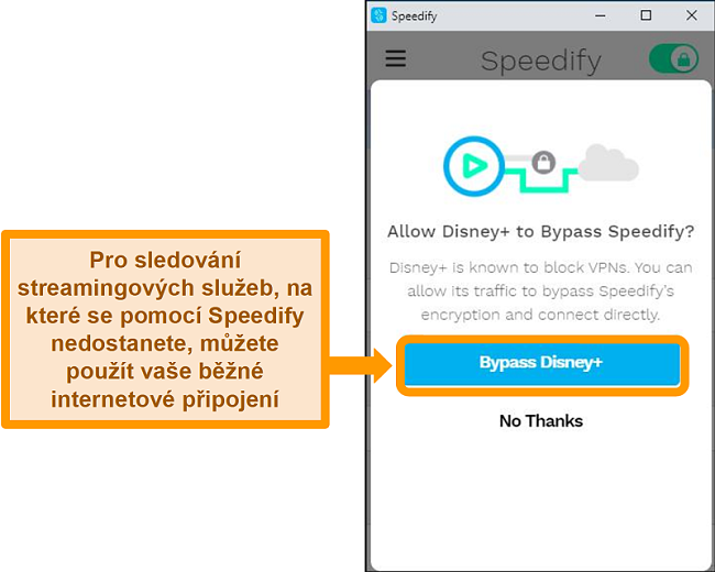 Screenshot uživatelského rozhraní Speedify zobrazující možnost obejít Disney +