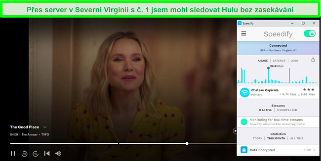 Screenshot z Netflixu, jak hraje Unbreakable Kimmy Schmidt, zatímco je Speedify připojen k serveru ve španělštině