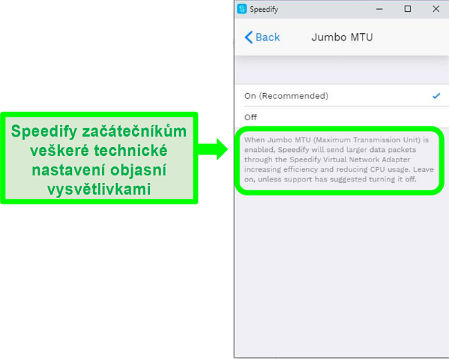 Screenshot vysvětlení pod jedním z nastavení Speedify