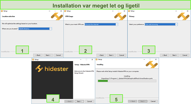 Screenshots af Hidesters installationsproces