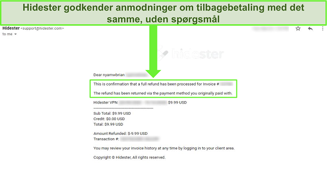 Skærmbillede af Hidester-support, der godkender refusion