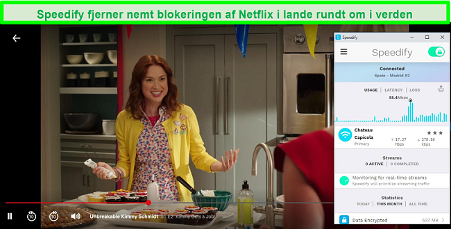 Skærmbillede af Netflix, der spiller Unbreakable Kimmy Schmidt, mens Speedify er tilsluttet en server på spansk