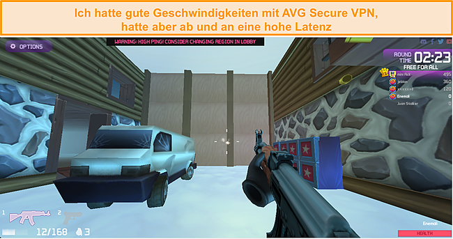 Screenshot des Multiplayer-Spiels Kill Streak, das gespielt wird, während eine Verbindung zum AVG Secure VPN-Server in Deutschland besteht.