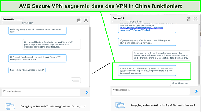 Screenshot, der den AVG Secure VPN Support Agent zeigt, der mich darüber informiert, dass sein VPN in China funktioniert.