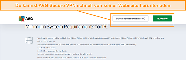 Screenshot der Downloadseite von AVG Secure PC.