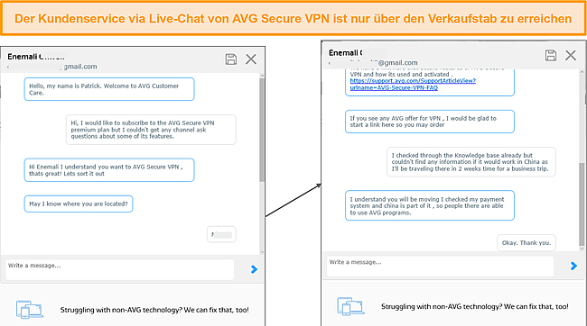 Screenshot des Live-Chat-Supports von AVG Secure.