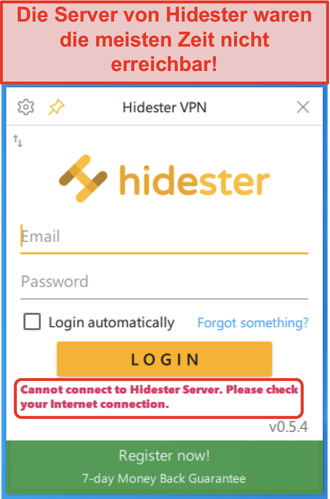 Screenshot von Hidester, der keine Verbindung herstellen kann