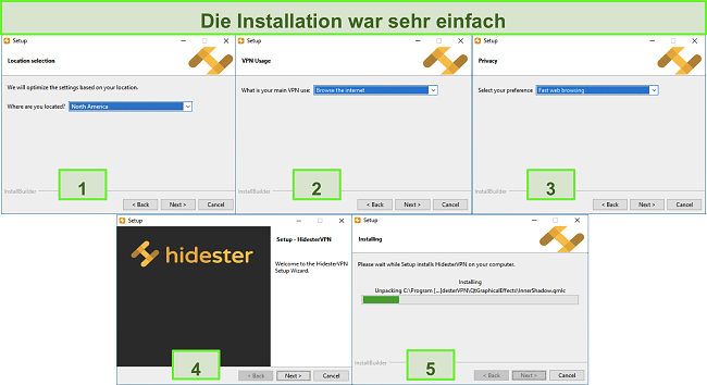 Screenshots des Installationsprozesses von Hidester