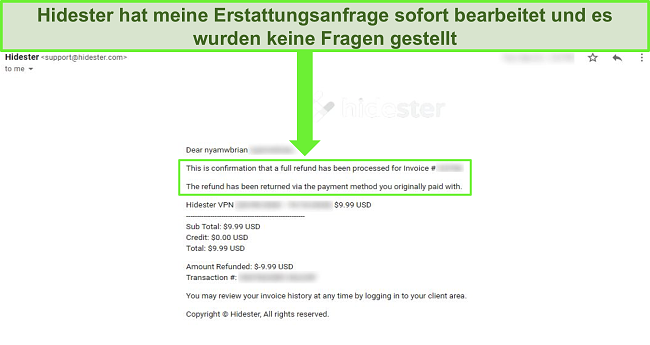 Screenshot des Hidester-Supports zur Genehmigung der Rückerstattung