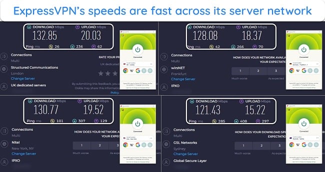 screenshots of ExpressVPN connected to servers in the UK, Germany, US, and Australia, with the results of Ookla speed tests for each connection.