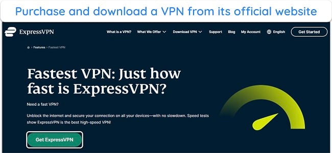 image of ExpressVPN's website, highlighting its fast speeds and the 