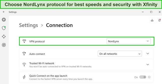 Screenshot of NordVPN's Windows interface showing NordLynx protocol selected