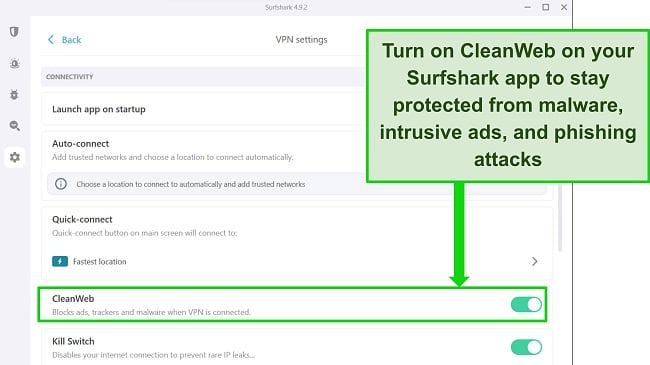 Screenshot of Surfshark's Windows app showing CleanWeb on