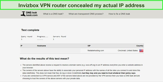 Screenshot of Invizbox passing DNS leak tests