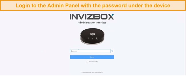 Screenshot of Invizbox login interface