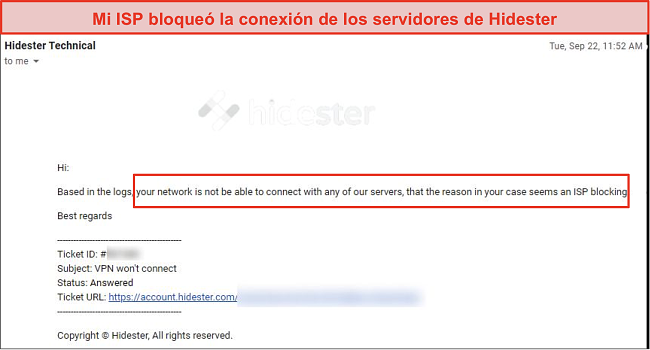 Captura de pantalla de Hidester bloqueada por ISP