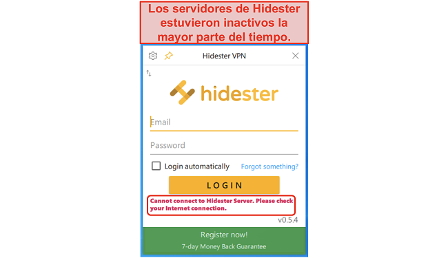 Captura de pantalla de Hidester que no se puede conectar