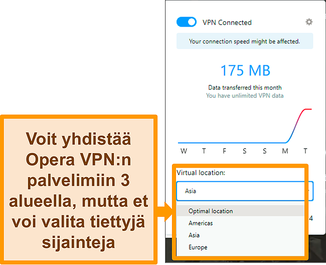 Kuvakaappaus Opera VPN: n virtuaalisen sijainnin valikosta.