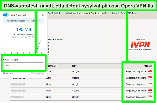 Kuvakaappaus DNS -vuototestituloksista, joissa ei ilmene vuotoja, kun se on yhdistetty Opera VPN: ään.