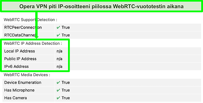 Kuvakaappaus OperaVPN: stä, joka läpäisee WebRTC -vuototestin.