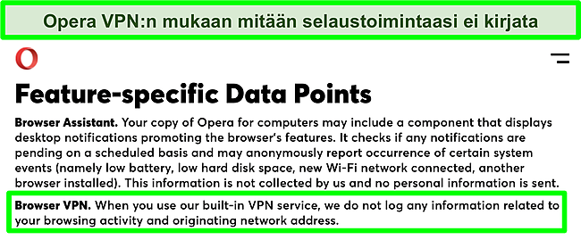 Kuvakaappaus Operan tietosuojakäytännöstä, jossa näkyy VPN, ei tallenna lokeja.