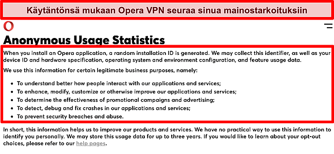 Kuvakaappaus Opera VPN: n tietosuojakäytännöstä 